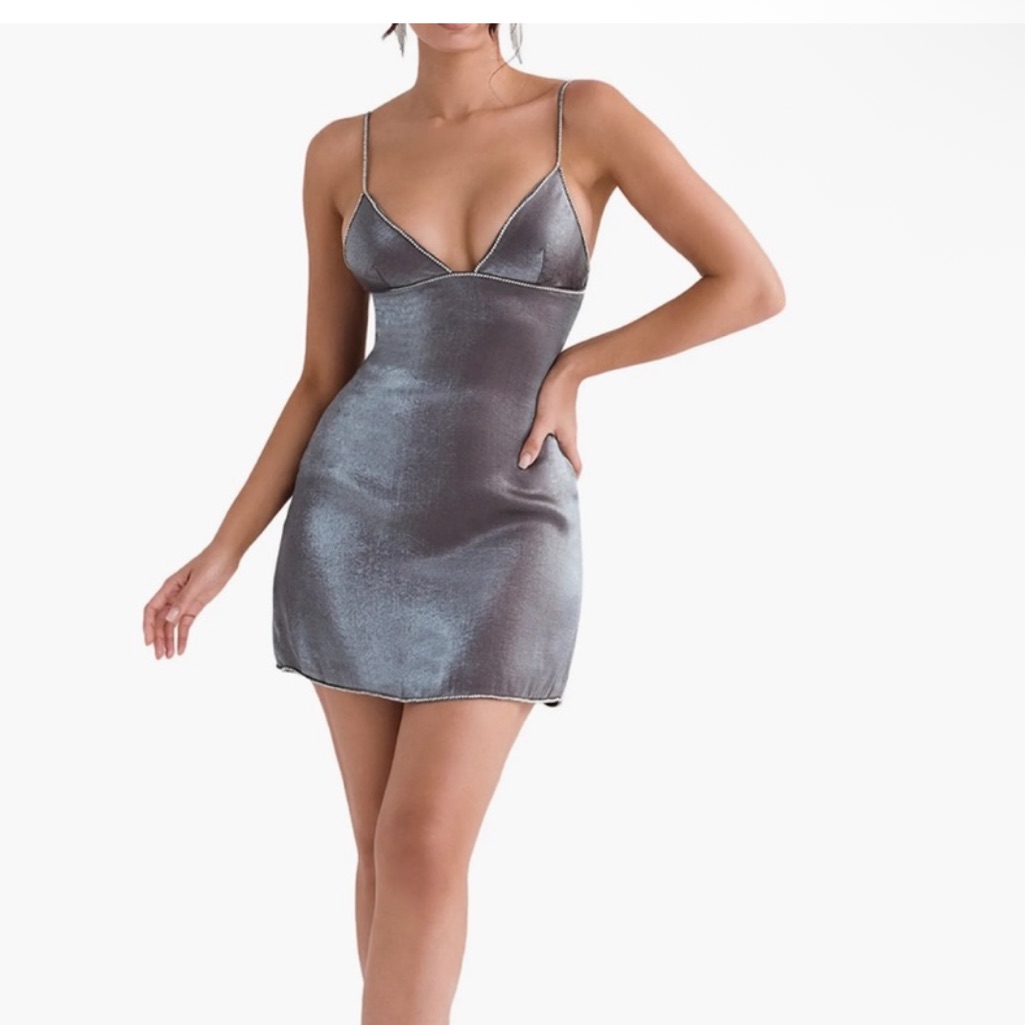 House Of Cb London Maisie Graphite Iridescent Mini Dress With Rhinestone Trim.